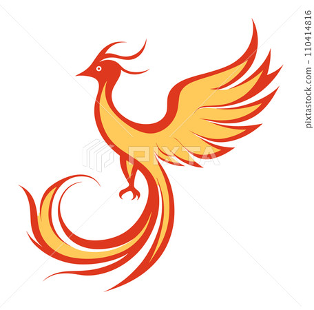 Abstract red and orange phoenix bird in flight, fiery feathers and elegant curves. Mythical creature soaring, symbol of rebirth and renewal vector illustration. Abstract red and orange phoenix bird in flight, fiery feathers and elegant curves. Mythical creature soaring, symbol of rebirth and renewal vector illustration. 110414816