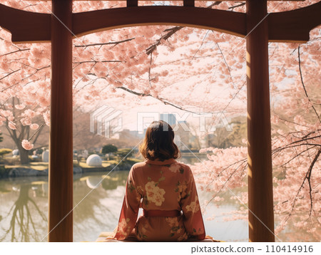 一排櫻花樹和女人的背影，櫻花盛開，觀光，旅行 110414916