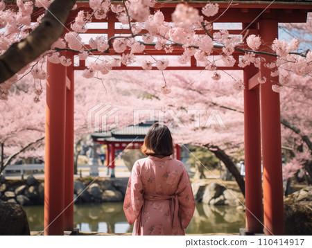 Row of cherry blossom trees and woman's back view, cherry blossoms in full bloom, sightseeing, travel 110414917
