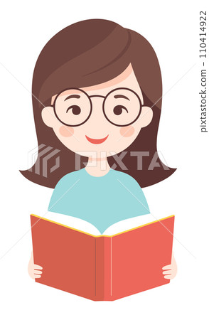 Young girl with glasses smiling and reading a red book. Cheerful child enjoys a book. Education and learning concept. Happy kid loves to read vector illustration. 110414922