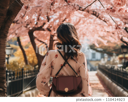 Row of cherry blossom trees and woman's back view, cherry blossoms in full bloom, sightseeing, travel 110414923