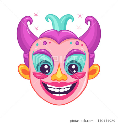 Colorful cartoon jester face with a big smile, twinkling eyes, and curly hair. Festive clown character, joyful expression. Cheerful mascot, carnival theme vector illustration. 110414929