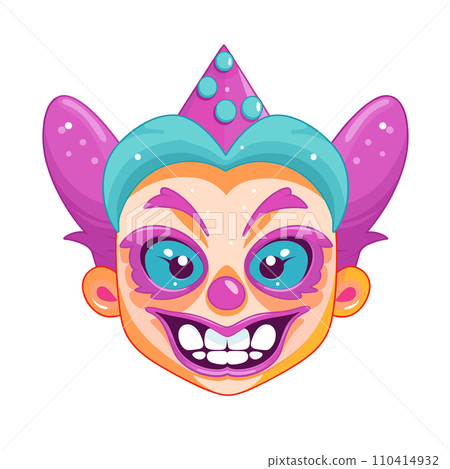 Colorful clown face vector illustration. Playful circus character with party hat and makeup. Cartoon fun and entertainment theme. Colorful clown face vector illustration. Playful circus character with party hat and makeup. Cartoon fun and entertainment theme. 110414932