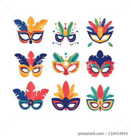 Set of colorful carnival masks with feathers and decoration. Collection of festive masquerade party accessories. Carnival celebrations and Mardi Gras vector illustration. Set of colorful carnival masks with feathers and decoration. Collection of festive masquerade party accessories. Carnival celebrations and Mardi Gras vector illustration. 110414935