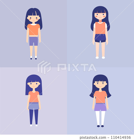 Four positions of a cartoon girl with different outfits. Happy young female with blue hair, casual clothes. Fashion styles and seasons depiction vector illustration. Four positions of a cartoon girl with different outfits. Happy young female with blue hair, casual clothes. Fashion styles and seasons depiction vector illustration. 110414936