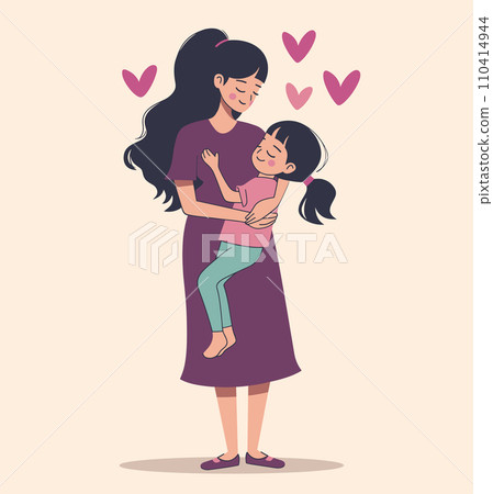 Asian mother hugging young daughter, both smiling, warm family moment with hearts background. Mother s love and child comfort vector illustration. Asian mother hugging young daughter, both smiling, warm family moment with hearts background. Mother s love and child comfort vector illustration. 110414944