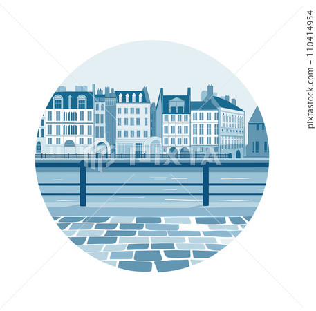 European cityscape with riverfront buildings and cobblestone street in monochrome blue. Urban architecture and city life vector illustration. 110414954