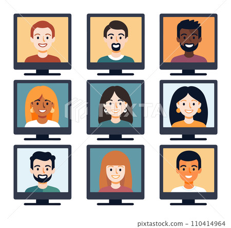 Diverse group of cartoon people smiling in computer screens. Nine happy, multiethnic characters in a grid of monitors. Online conference concept vector illustration. Diverse group of cartoon people smiling in computer screens. Nine happy, multiethnic characters in a grid of monitors. Online conference concept vector illustration. 110414964