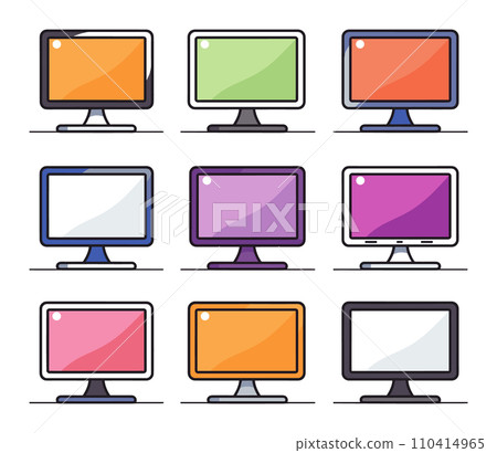 Row of colorful flat design monitors with blank screens. Nine different computer screens with vibrant colors. Graphic design and website development vector illustration. Row of colorful flat design monitors with blank screens. Nine different computer screens with vibrant colors. Graphic design and website development vector illustration. 110414965