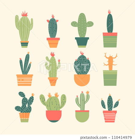 Collection of various cacti in colorful pots. Different types of cactus plants flat design. Desert flora and succulent collection vector illustration. 110414979
