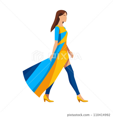 Stylish woman walking in a blue and yellow dress. Confident female fashion model stride. Elegance and style concept vector illustration. 110414992