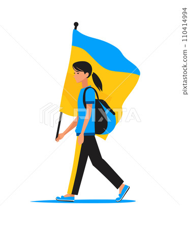 Young woman carrying a large blue and yellow flag on her shoulder. Determined walk, sense of pride and solidarity. Simple style vector illustration. Young woman carrying a large blue and yellow flag on her shoulder. Determined walk, sense of pride and solidarity. Simple style vector illustration. 110414994