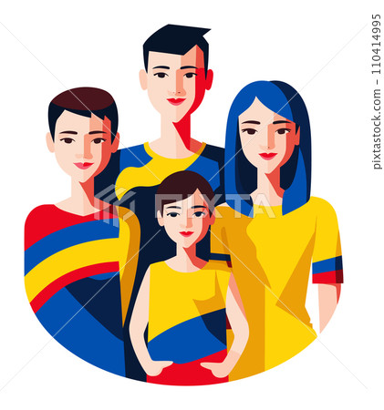 Family portrait with two adults and two teenagers smiling. Casual style, happy family together, modern design. Vector illustration of united family, happiness concept. Family portrait with two adults and two teenagers smiling. Casual style, happy family together, modern design. Vector illustration of united family, happiness concept. 110414995