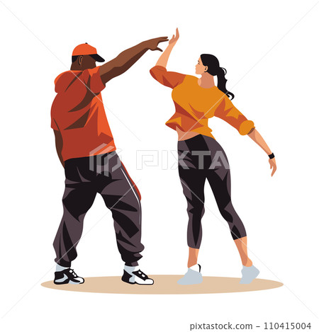 Black man and Latina woman dance together, showing a hip hop high-five. Urban street dancers in action. Dynamic dance moves and modern street style vector illustration. 110415004