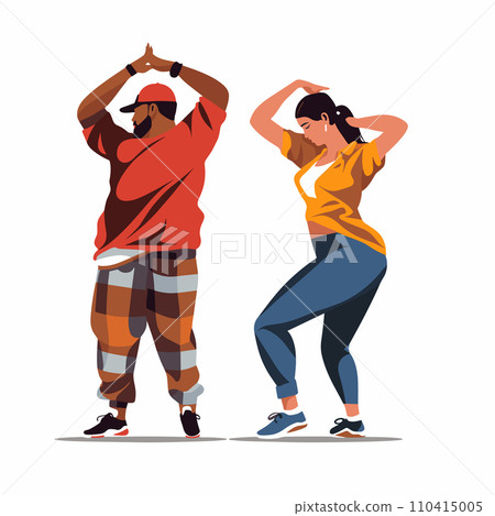 Two people dancing, man in red shirt and plaid pants, woman in yellow top and blue pants. Urban street dance, hip hop dancers vector illustration. 110415005