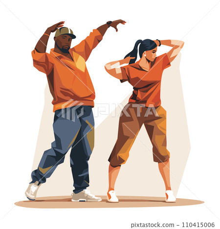 Multicultural dancers performing hip-hop moves. African American man and Asian woman street dance duo. Urban dance culture and dynamic performance vector illustration. 110415006