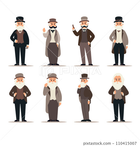 Set of eight elderly men with beards, wearing vintage clothes and hats. Older gentlemen depicted in various poses and expressions vector illustration. Set of eight elderly men with beards, wearing vintage clothes and hats. Older gentlemen depicted in various poses and expressions vector illustration. 110415007