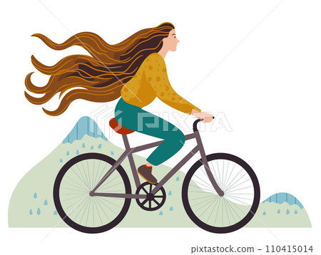 Woman with long hair riding bike in nature. Female cyclist enjoys outdoor activity. Healthy lifestyle and eco transportation vector illustration Woman with long hair riding bike in nature. Female cyclist enjoys outdoor activity. Healthy lifestyle and eco transportation vector illustration 110415014