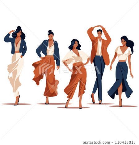Five confident women fashion models walking in various elegant poses. Stylish feminine clothing and attitude, diverse body language. Empowerment and fashion show vector illustration. Five confident women fashion models walking in various elegant poses. Stylish feminine clothing and attitude, diverse body language. Empowerment and fashion show vector illustration. 110415015
