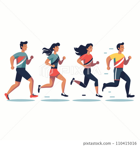 Four diverse people running, athletic casual attire, dynamic posture. Recreational activity, fitness routine, marathon training vector illustration. Four diverse people running, athletic casual attire, dynamic posture. Recreational activity, fitness routine, marathon training vector illustration. 110415016