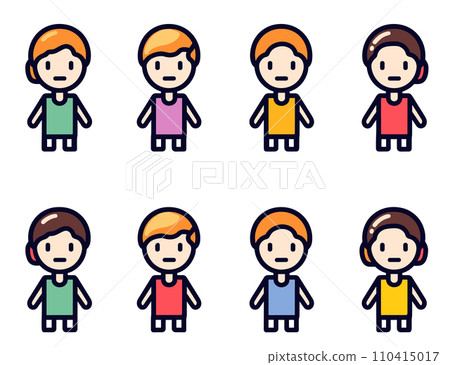 Set of diverse children characters wearing colorful clothes. Flat style kids illustrations with different hairstyles. Diversity, childhood, cartoon kids vector illustration. Set of diverse children characters wearing colorful clothes. Flat style kids illustrations with different hairstyles. Diversity, childhood, cartoon kids vector illustration. 110415017