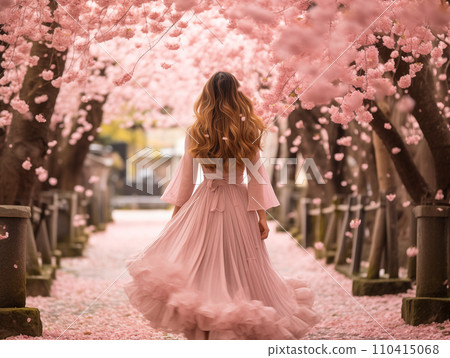 一排櫻花樹和女人的背影，櫻花盛開，觀光，旅行 110415068