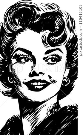 Woman portrait in hand drawing or engraving style. 60s styled beautiful comic book character in black and white. 110415103