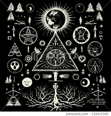 Occult symbols composition in dotwork style. Abstract mystic elements, Sacred tree in retro flat lay composition. 110415105