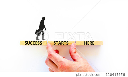 Success starts here symbol. Concept word Success starts here on beautiful wooden block. Businessman hand. Beautiful white background. Business motivational success starts here concept. Copy space. 110415656