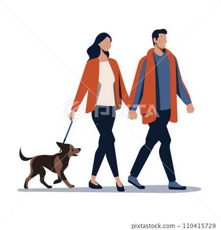 Couple walking with dog, man and woman casual attire, leisure activity. Outdoor walk with pet, healthy lifestyle, relationship concept vector illustration. 110415729