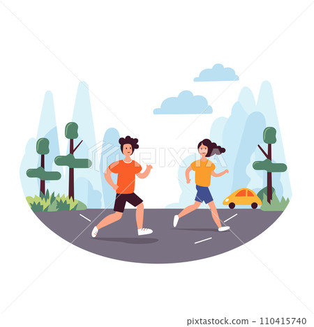 Young man and woman jogging together in park. Casual runners on pavement with trees and car. Exercise and fitness routine vector illustration 110415740