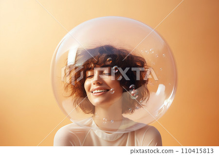 Woman inside a big soap bubble, introvert, loner, living in solitude, recluse. Mental health, psychology concept, inner world, shyness, hiding identity, dreaming, antisocial, alone, avoiding people 110415813