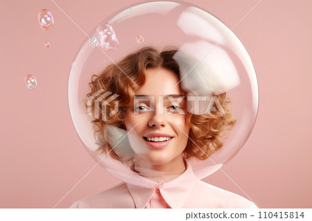 Woman inside a big soap bubble, introvert, loner, living in solitude, recluse. Mental health, psychology concept, inner world, shyness, hiding identity, dreaming, antisocial, alone, avoiding people 110415814