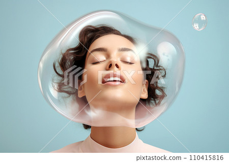 Woman inside a big soap bubble, introvert, loner, living in solitude, recluse. Mental health, psychology concept, inner world, shyness, hiding identity, dreaming, antisocial, alone, avoiding people 110415816