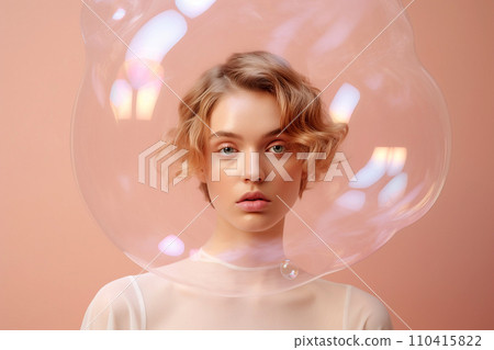 Woman inside a big soap bubble, introvert, loner, living in solitude, recluse. Mental health, psychology concept, inner world, shyness, hiding identity, dreaming, antisocial, alone, avoiding people 110415822