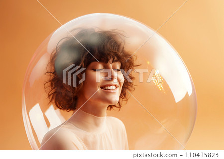 Woman inside a big soap bubble, introvert, loner, living in solitude, recluse. Mental health, psychology concept, inner world, shyness, hiding identity, dreaming, antisocial, alone, avoiding people Woman inside a big soap bubble, introvert, loner, living in solitude, recluse. Mental health, psychology concept, inner world, shyness, hiding identity, dreaming, antisocial, alone, avoiding people 110415823