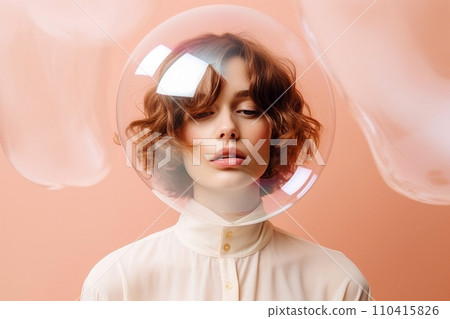 Woman inside a big soap bubble, introvert, loner, living in solitude, recluse. Mental health, psychology concept, inner world, shyness, hiding identity, dreaming, antisocial, alone, avoiding people 110415826