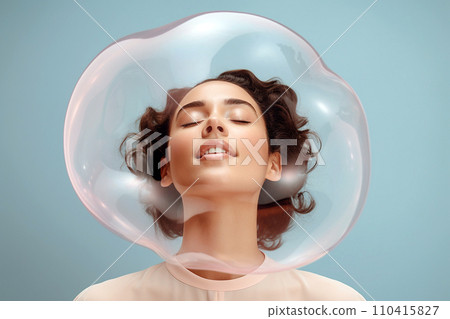 Woman inside a big soap bubble, introvert, loner, living in solitude, recluse. Mental health, psychology concept, inner world, shyness, hiding identity, dreaming, antisocial, alone, avoiding people 110415827