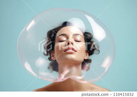 Woman inside a big soap bubble, introvert, loner, living in solitude, recluse. Mental health, psychology concept, inner world, shyness, hiding identity, dreaming, antisocial, alone, avoiding people 110415832