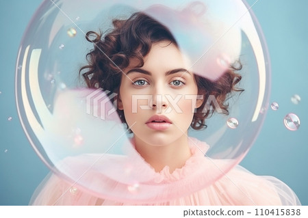 Woman inside a big soap bubble, introvert, loner, living in solitude, recluse. Mental health, psychology concept, inner world, shyness, hiding identity, dreaming, antisocial, alone, avoiding people Woman inside a big soap bubble, introvert, loner, living in solitude, recluse. Mental health, psychology concept, inner world, shyness, hiding identity, dreaming, antisocial, alone, avoiding people 110415838