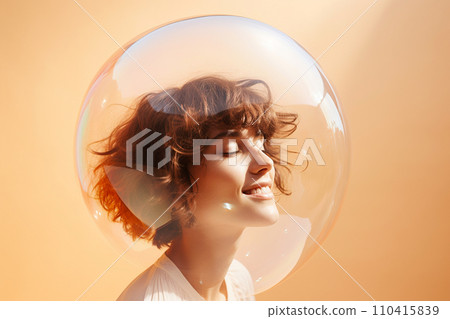 Woman inside a big soap bubble, introvert, loner, living in solitude, recluse. Mental health, psychology concept, inner world, shyness, hiding identity, dreaming, antisocial, alone, avoiding people 110415839