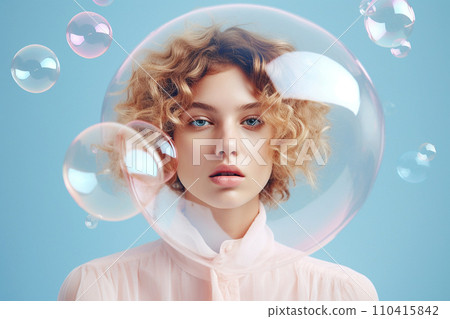 Woman inside a big soap bubble, introvert, loner, living in solitude, recluse. Mental health, psychology concept, inner world, shyness, hiding identity, dreaming, antisocial, alone, avoiding people 110415842