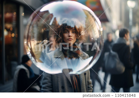 Woman inside a big soap bubble, introvert, loner, living in solitude, recluse. Mental health, psychology concept, inner world, shyness, hiding identity, dreaming, antisocial, alone, avoiding people 110415848