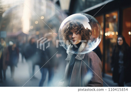 Woman inside a big soap bubble, introvert, loner, living in solitude, recluse. Mental health, psychology concept, inner world, shyness, hiding identity, dreaming, antisocial, alone, avoiding people 110415854