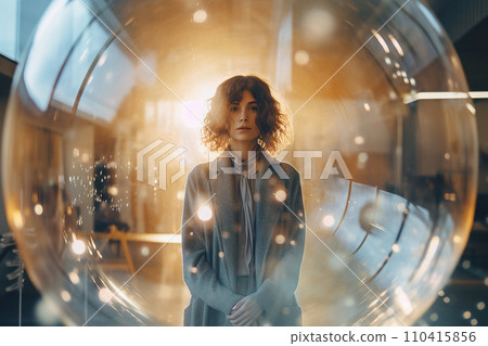 Woman inside a big soap bubble, introvert, loner, living in solitude, recluse. Mental health, psychology concept, inner world, shyness, hiding identity, dreaming, antisocial, alone, avoiding people Woman inside a big soap bubble, introvert, loner, living in solitude, recluse. Mental health, psychology concept, inner world, shyness, hiding identity, dreaming, antisocial, alone, avoiding people 110415856