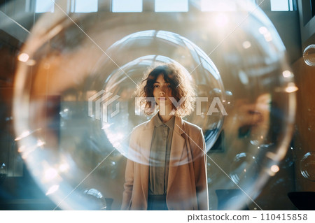 Woman inside a big soap bubble, introvert, loner, living in solitude, recluse. Mental health, psychology concept, inner world, shyness, hiding identity, dreaming, antisocial, alone, avoiding people 110415858