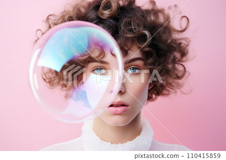 Beautiful young woman surrounded by soap bubbles. Concept of dreaming, thinking, worries and problems, lightheartedness. Mental health, psychology, inner world, shyness, alone Beautiful young woman surrounded by soap bubbles. Concept of dreaming, thinking, worries and problems, lightheartedness. Mental health, psychology, inner world, shyness, alone 110415859