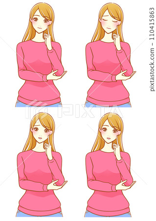 4種用食指放在臉頰上思考的女性（棕色頭髮） 110415863