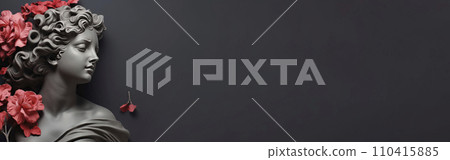 Antique bust of woman on dark grey marble background, sculpture with pink flowers Peachy Fuzz banner 110415885