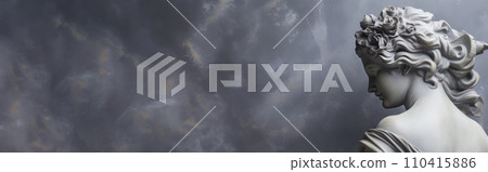 Banner, Antique bust of woman, sculpture with pink and white flowers bouquet.. Stone marble 110415886